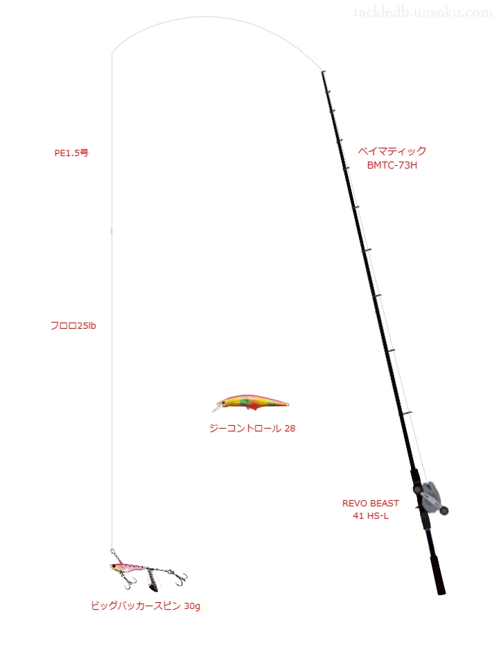 ベイマティック BMTC-73H,REVO BEAST 41 HS-L,スピンテールジグを使うボートシーバスタックル【仮想インプレ】