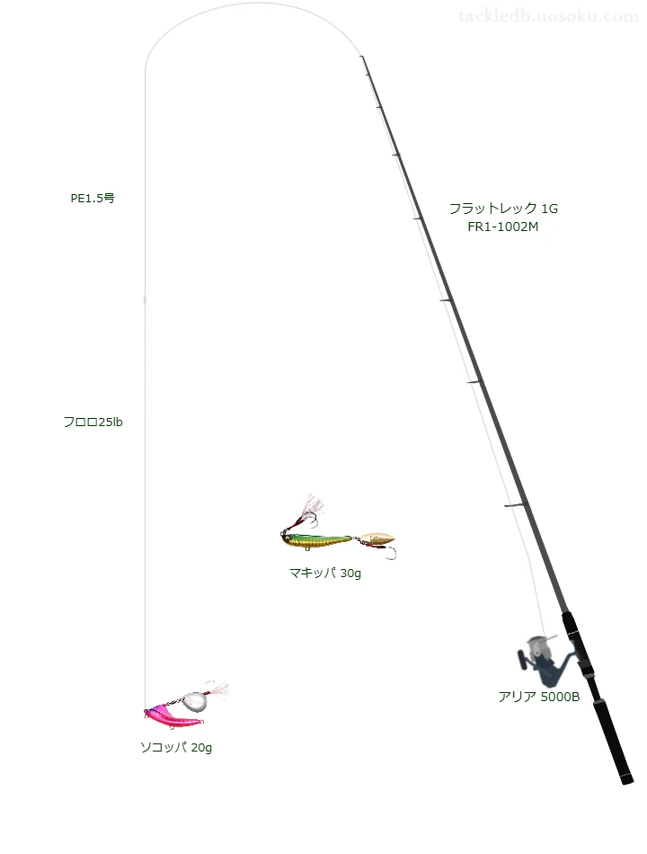 フラットレック 1G FR1-1002Mとオクマのリールでソコッパ 20gを使用するタックル