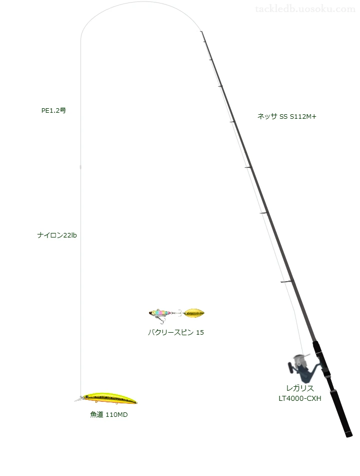 魚道 110MDのためのスピニングタックル。シマノのロッドとダイワのリール