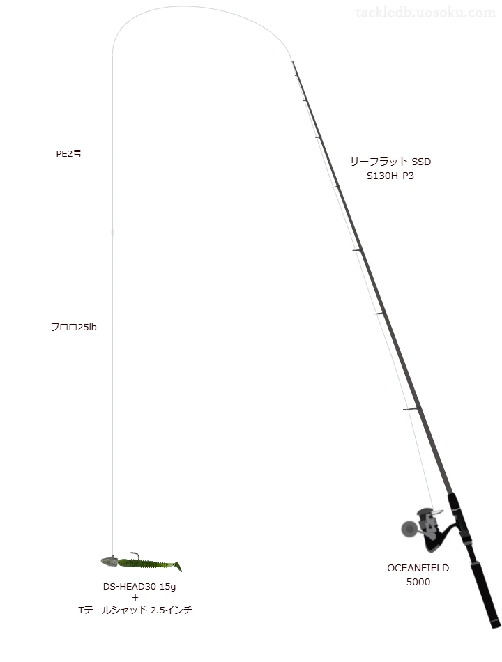 サーフラット SSD S130H-P3と OCEANFIELD 5000,DS-HEAD30 15gによるサーフタックル【仮想インプレ】