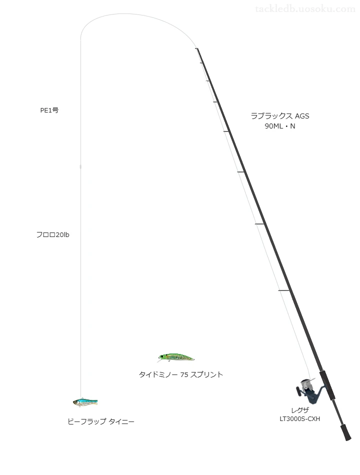 PEレジンシェラー8 1号とTBカーボン ショックリーダー 20lbを使用したシーバスタックル【ラブラックス AGS 90ML・N】