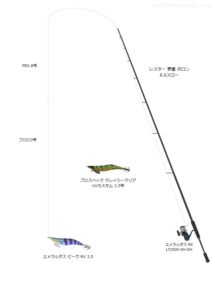 エメラルダス RX LT2500-XH-DHにレスター 夢墨 ボロン 8.6スローを合わせるエギングタックル