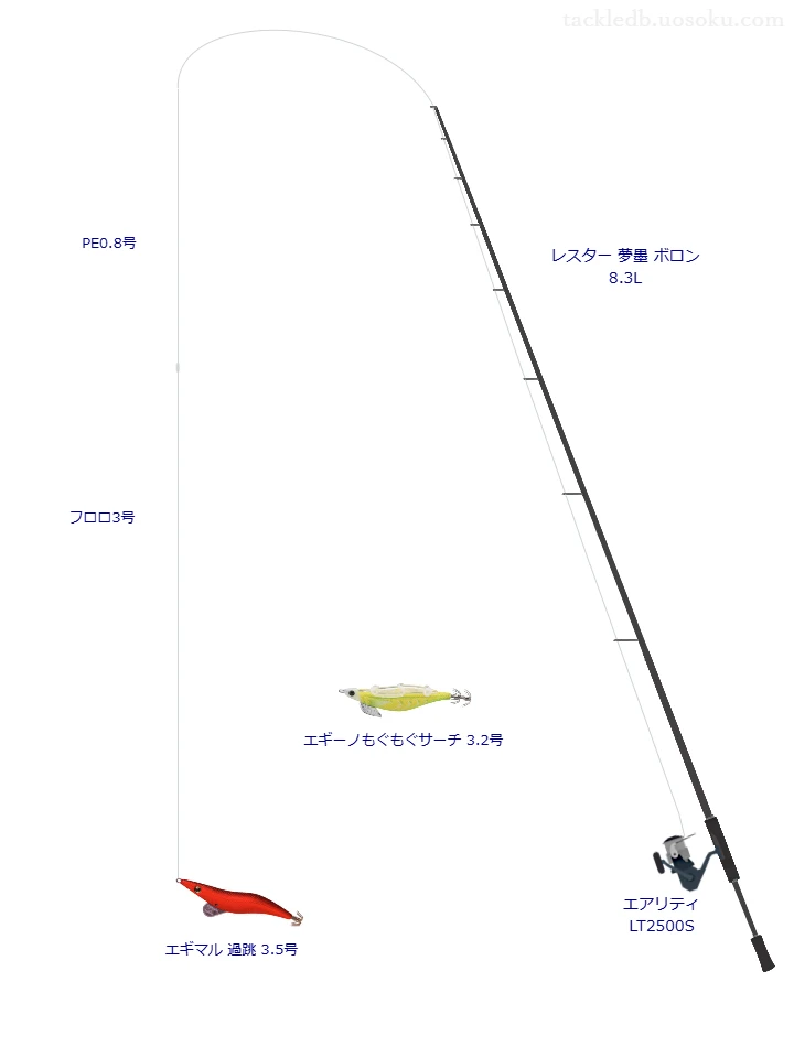 【下須島】エギマル 過跳 3.5号のためのエギングタックル【レスター 夢墨 ボロン 8.3L】