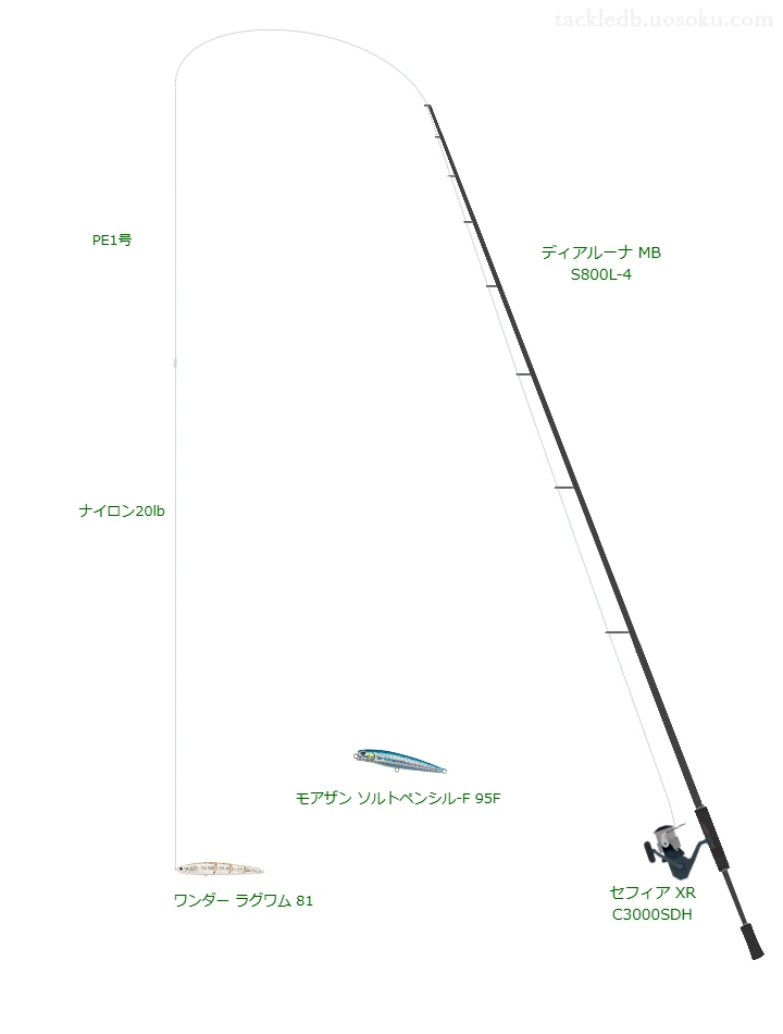 VARIVAS 4 1号とAPPLAUD nanodaX SHOCK LEADER 20lbを使用したシーバスタックル【ディアルーナ MB S800L-4】