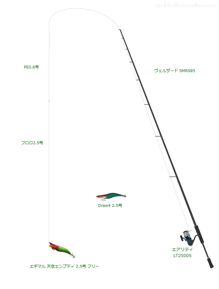 ラップライン PE 0.6号とソルティメイト エギリーダーFC 2.5号を使用したエギングタックル【ヴェルザード SMRS85】