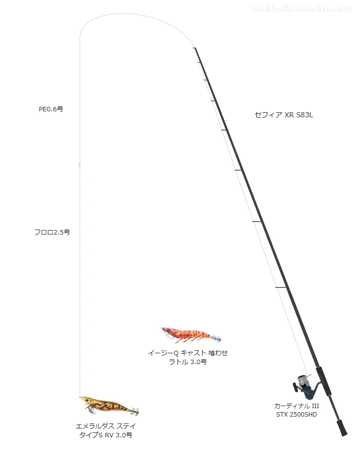 【伊計島】エメラルダス ステイ タイプS RV 3.0号のためのエギングタックル【セフィア XR S83L】