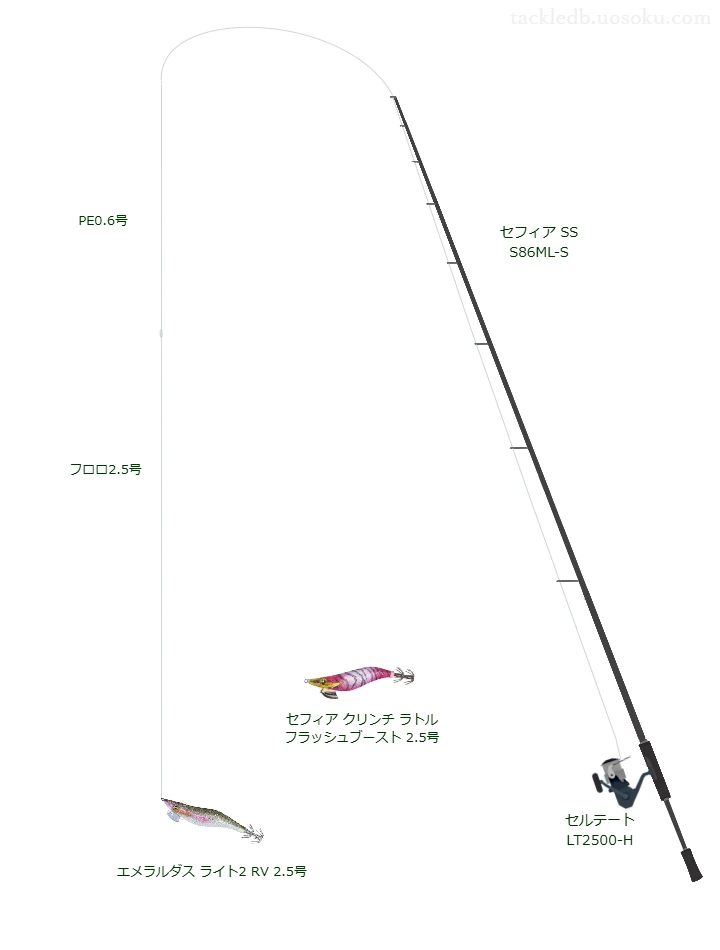 エメラルダス ライト2 RV 2.5号のためのスピニングタックル。シマノのロッドとダイワのリール