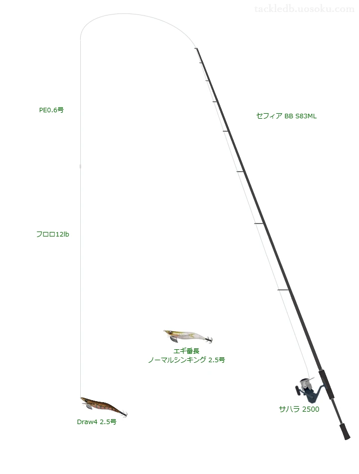 セフィア BB S83MLとサハラ 2500,Draw4 2.5号によるエギングタックル【仮想インプレ】