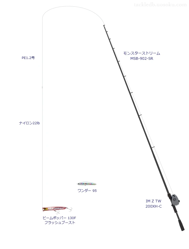 UPGRADE X8 MONO GREEN 300m 1.2号とAPPLAUD nanodaX SHOCK LEADER 22lbを使用したシーバスタックル【モンスターストリーム MSB-902-SR】