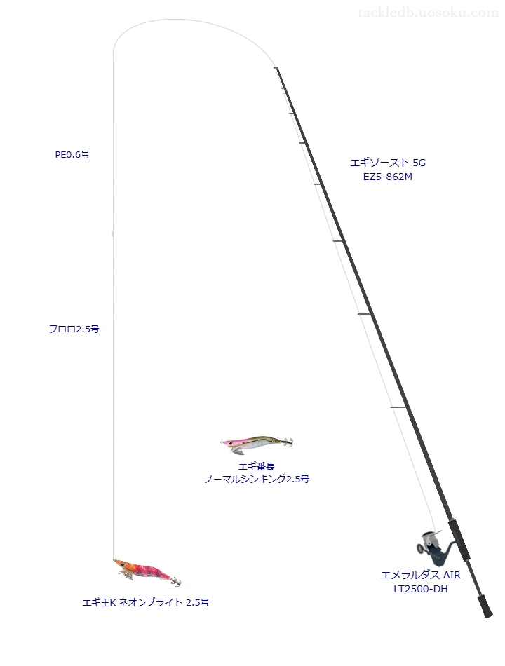 ソルティメイト インフィニティブ×4 0.6号とソルティメイト エギリーダーSV-Ⅰ 2.5号を使用したエギングタックル【エギゾースト 5G EZ5-862M】