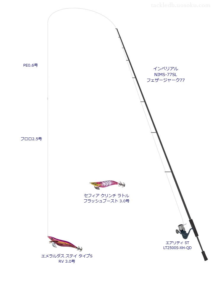 エメラルダス ステイ タイプS RV 3.0号を使うエギングタックル【インペリアル NIMS-77SL フェザージャーク77】