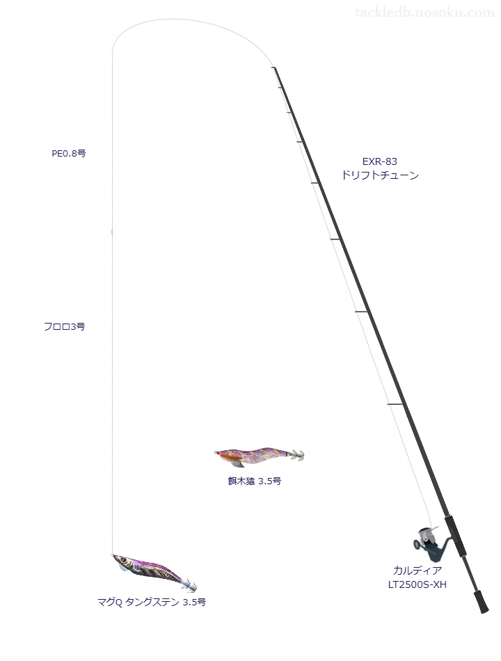 EXR-83 ドリフトチューンとカルディア LT2500S-XHを組み合わせたエギングタックル【仮想インプレ】