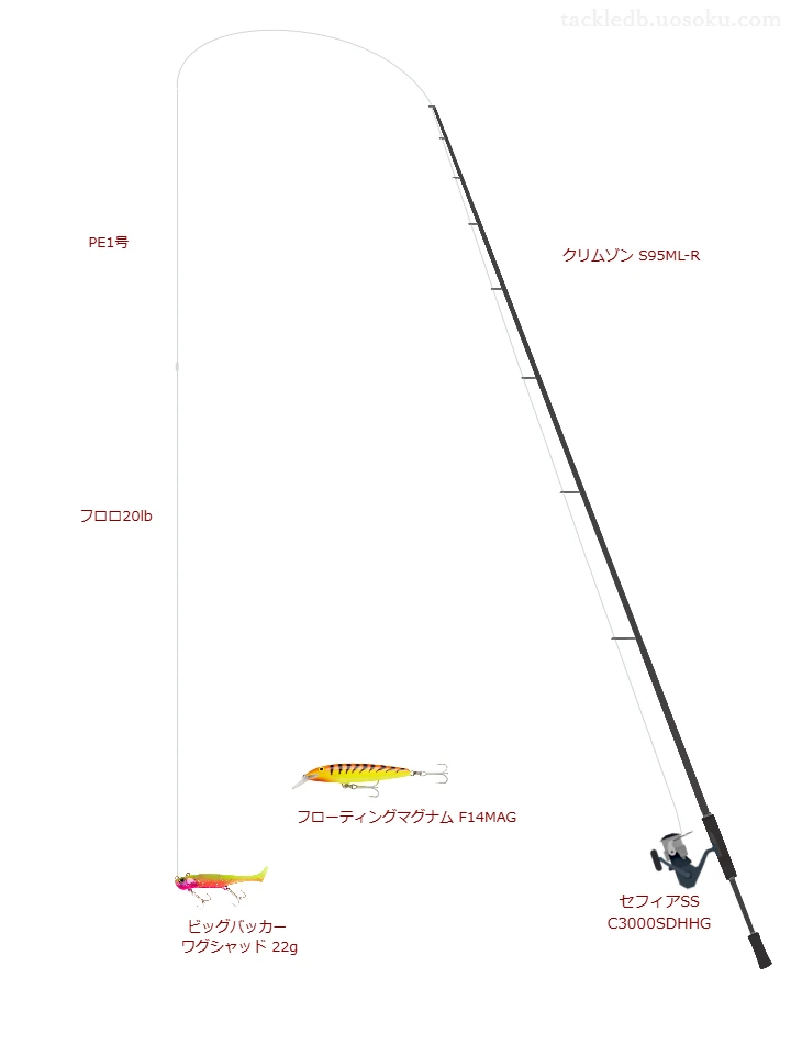 ビッグバッカー ワグシャッド 22gのためのスピニングタックル。テイルウォークのロッドとシマノのリール