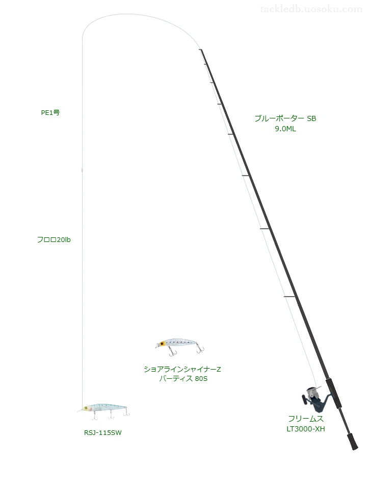 OHDRAGON X8 1号とビッグ フロロカーボン 20lbを使用したシーバスタックル【ブルーポーター SB 9.0ML】