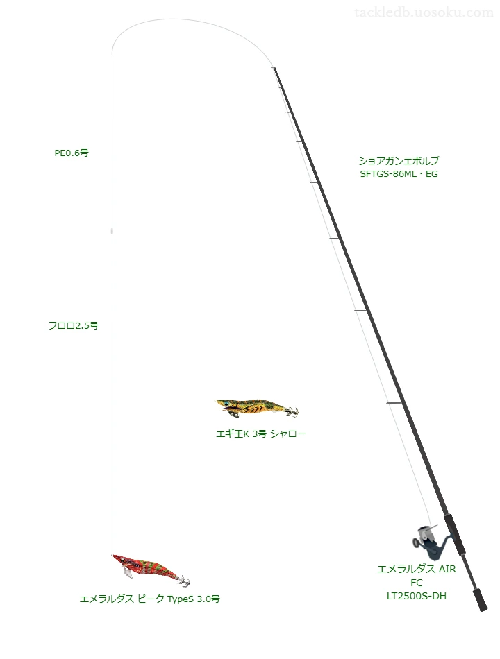 エメラルダス AIR FC LT2500S-DHにショアガンエボルブ SFTGS-86ML・EGを合わせるエギングタックル