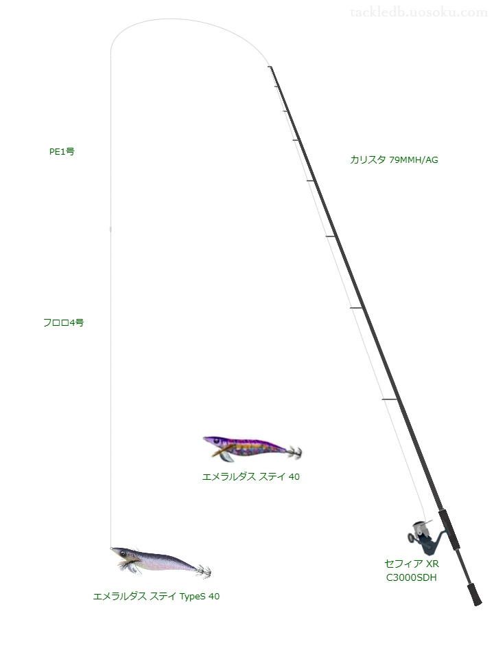 カリスタ 79MMH/AGとシマノのリールでエメラルダス ステイ タイプS 40を使用するタックル