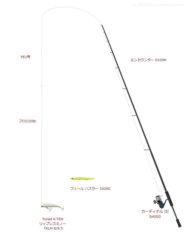エンカウンター S100MとアブガルシアのリールでTuned K-TEN リップレスミノー TKLM 8/9.5を使用するタックル