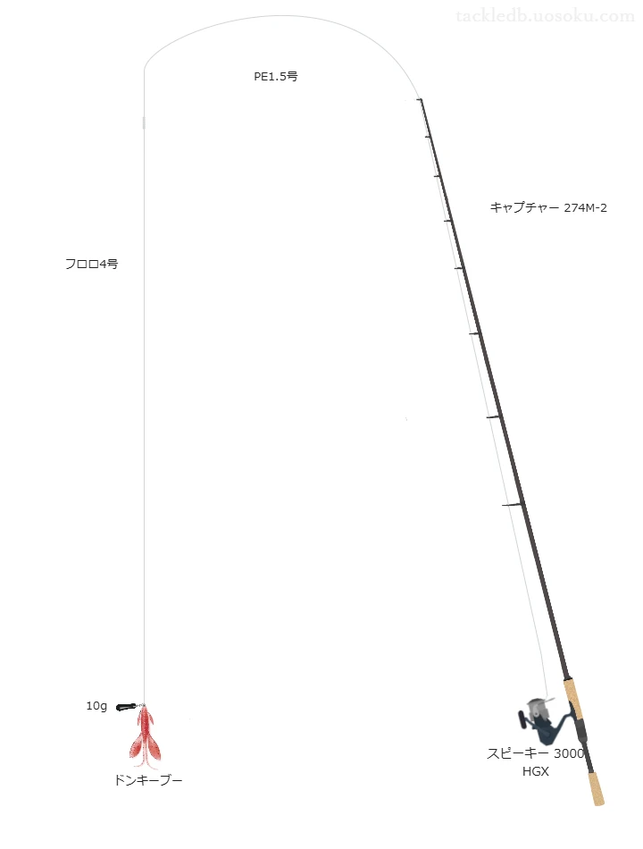 キャプチャー 274M-2とスピーキー 3000 HGX,ドンキーブーリーダレスダウンショットリグによるバス釣りタックル【仮想インプレ】