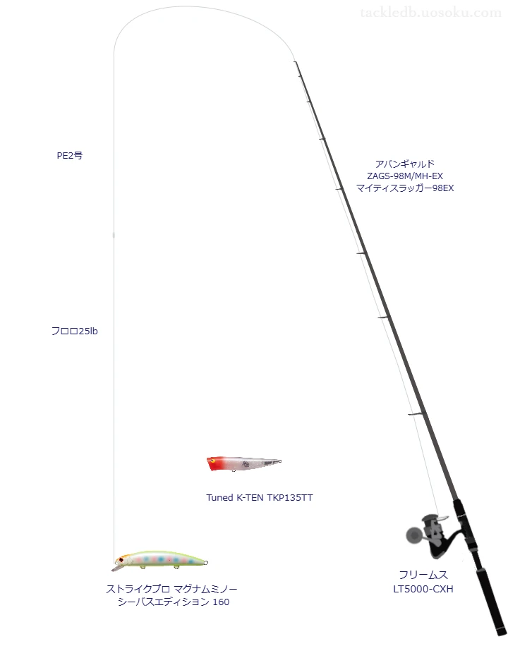 アバンギャルド ZAGS-98M/MH-EX マイティスラッガー98EXとダイワのリールでストライクプロ マグナムミノー シーバスエディション160を使用するタックル