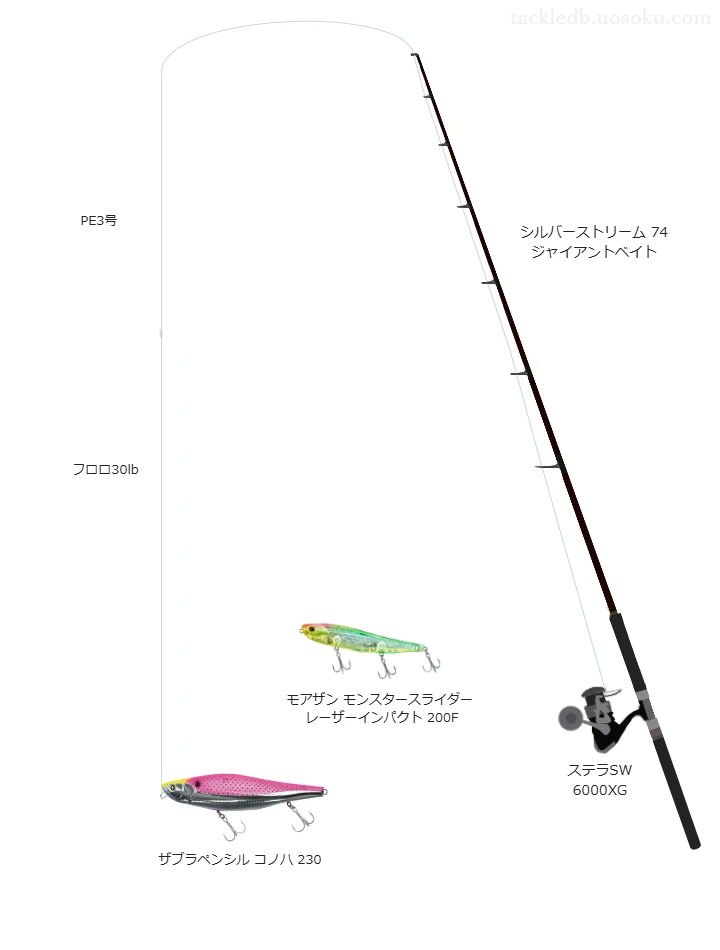 ウエイトが134.0g程度のルアーのためのボートシーバスタックル【ザブラペンシル コノハ 230】