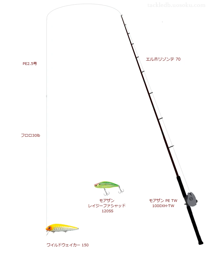エルホリゾンテ 70とダイワのリールでワイルドウェイカー 150を使用するタックル