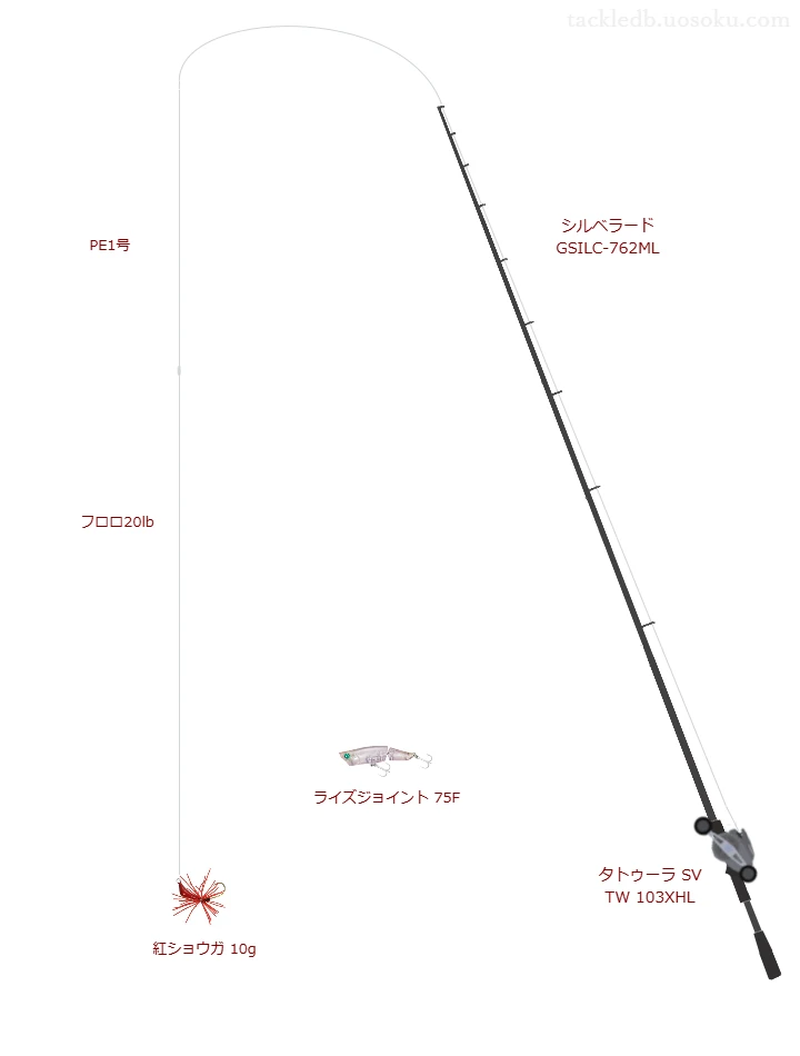 シルベラード GSILC-762MLとダイワのリールで紅ショウガ 10gを使用するタックル