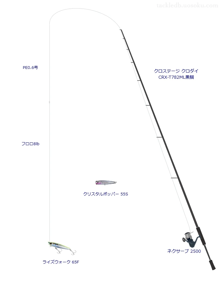 ライズウォーク 65Fのためのチニングタックル。メジャークラフトのロッドとシマノのリール