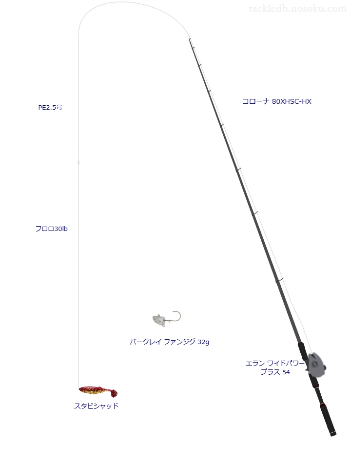 PEレジンシェラー グレー 2.5号とオシアジガー マスターフロロ リーダー 30lbを使用したシーバスタックル【コローナ 80XHSC-HX】