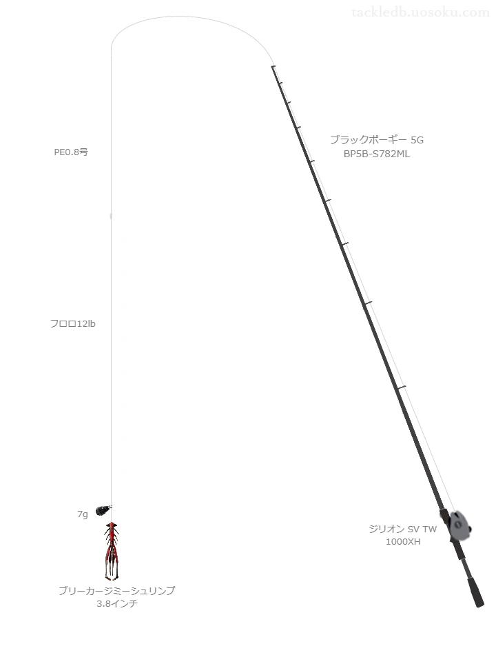 ブラックポーギー 5G BP5B-S782MLとダイワのリールでブリーカージミーシュリンプ 3.8インチフリーリグを使用するタックル
