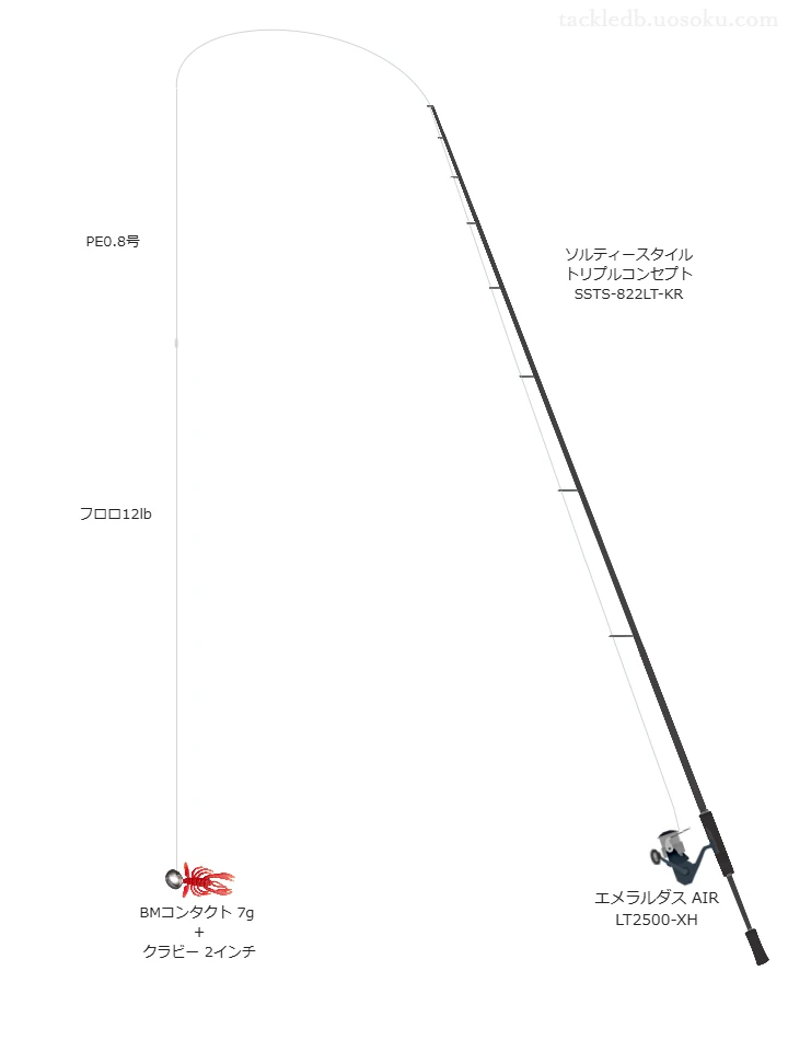 UVF PEデュラセンサーX8EX+Si3 0.8号とFC ABSORBER TIGHT KNOT 12lbを使用したチニングタックル【ソルティースタイル トリプルコンセプト SSTS-822LT-KR】