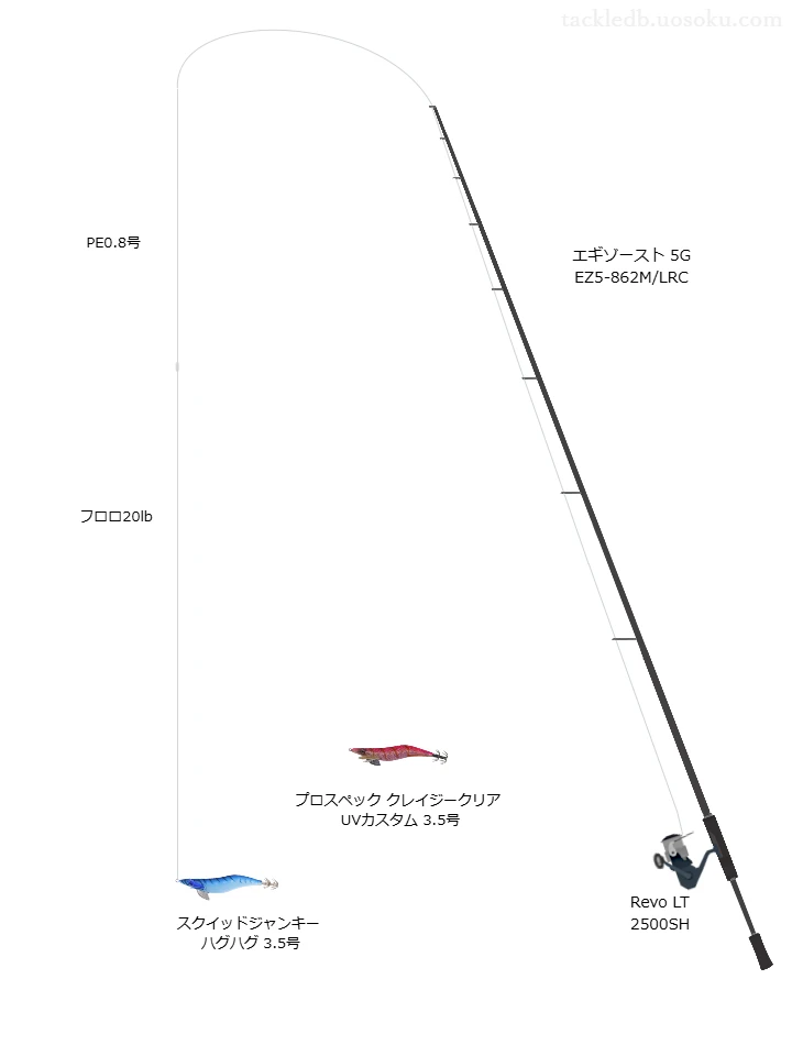 エギゾースト 5G EZ5-862M/LRCとアブガルシアのリールでスクイッドジャンキー ハグハグ 3.5号を使用するタックル