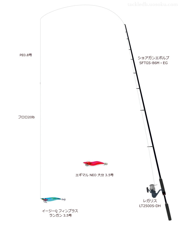 シーガー PEX8 0.8号と魚に見えないピンクフロロ ショックリーダー 20lbを使用したエギングタックル【ショアガンエボルブ SFTGS-86M・EG】