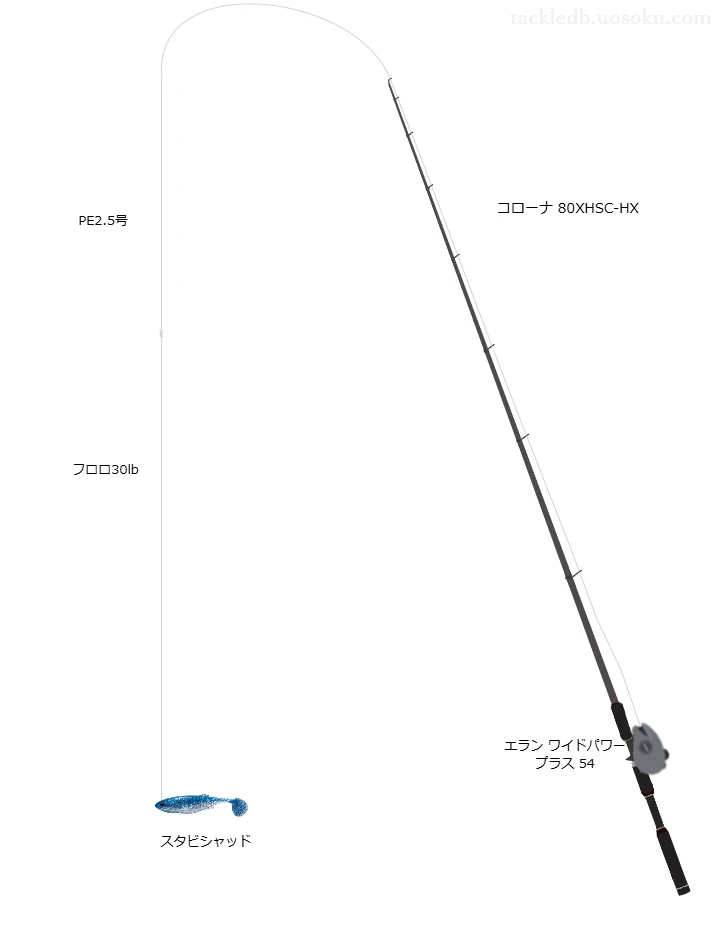 PEレジンシェラー グレー 2.5号とオシアジガー マスターフロロ リーダー 30lbを使用したシーバスタックル【コローナ 80XHSC-HX】