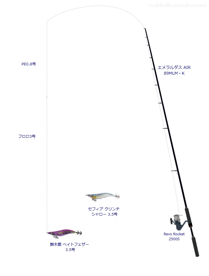 餌木蔵 ベイトフェザー 3.5号におすすめのエギングタックル【エメラルダス AIR 89MLM・K】