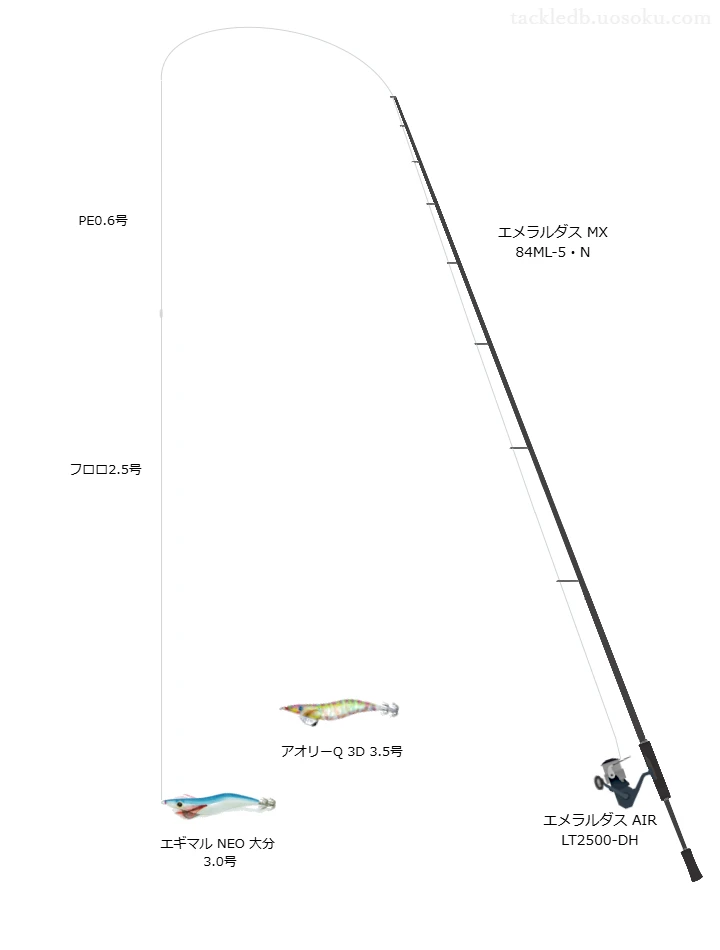 エメラルダス MX 84ML-5・Nとエメラルダス AIR LT2500-DH,エギマル NEO 大分 3.0号によるエギングタックル【仮想インプレ】