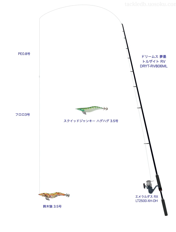 ドリームス 夢墨 トルザイト RV DRYT-RV806MLとエメラルダス RX LT2500-XH-DH,餌木猿 3.5号によるエギングタックル【仮想インプレ】