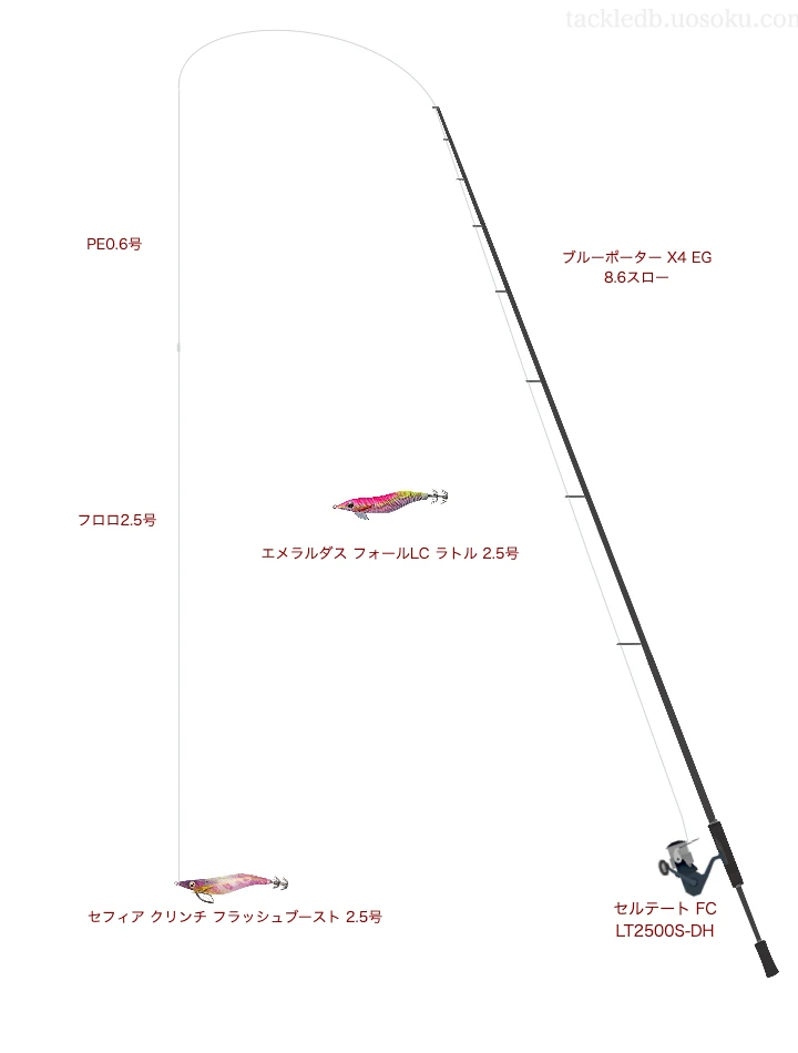 ブルーポーター X4 EG 8.6スローとダイワのリールでセフィア クリンチ フラッシュブースト 2.5号を使用するタックル