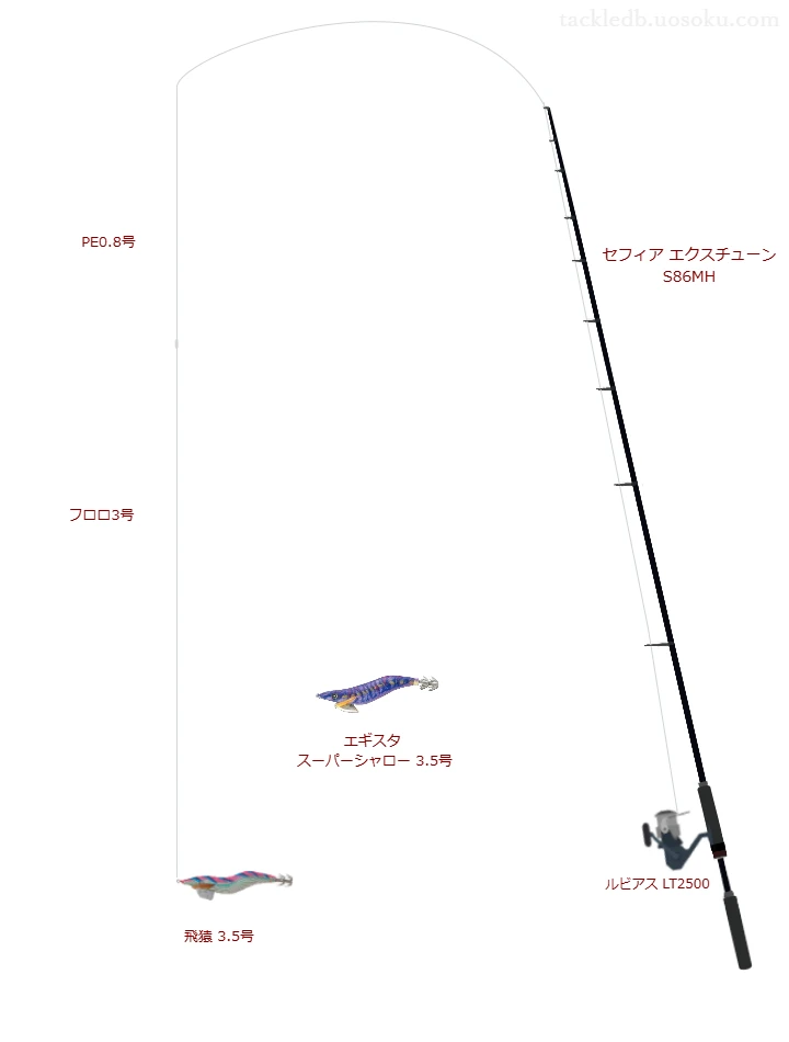 ロッドはシマノ,リールはダイワで飛猿3.5号を使うエギングタックル。【羽尾漁港】