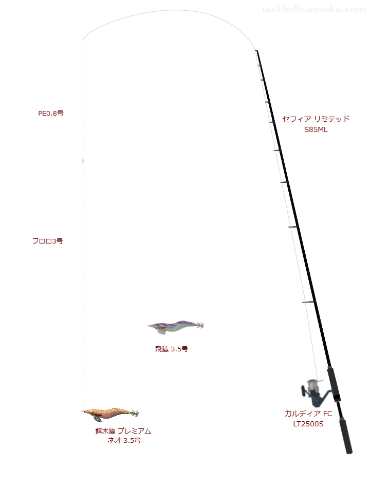 セフィア リミテッド S85MLとダイワのリールで餌木猿プレミアム ネオ3.5号を使用するタックル