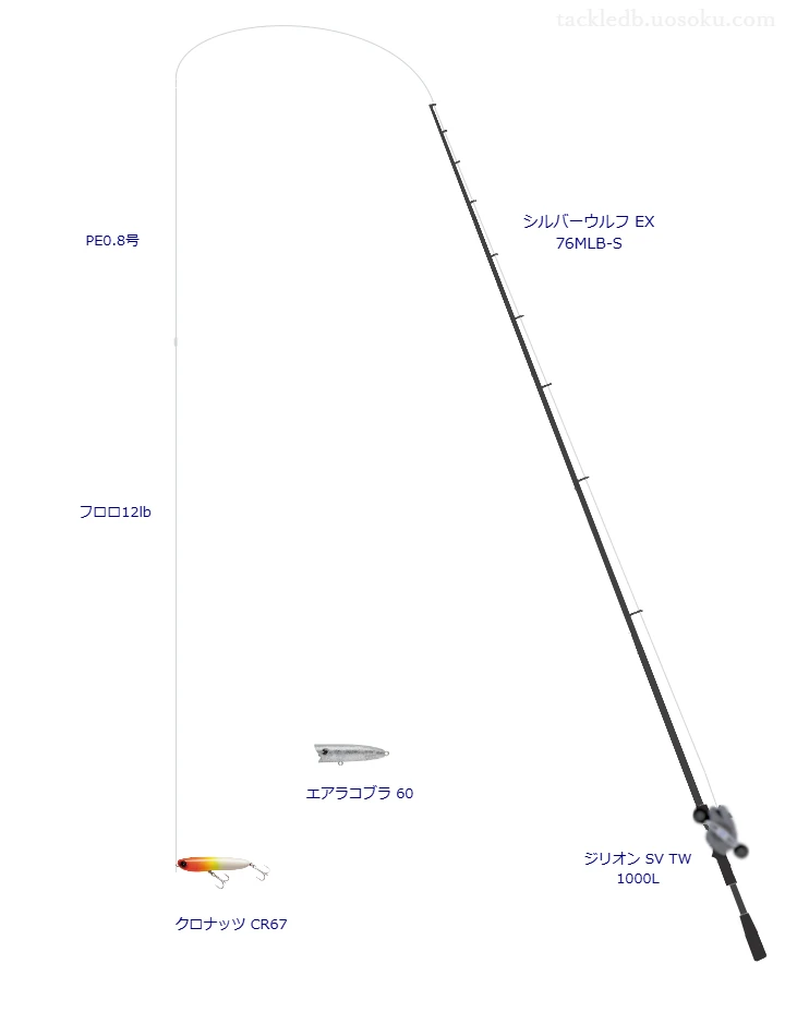 シルバーウルフ EX 76MLB-Sとダイワのリールでクロナッツ CR67を使用するタックル