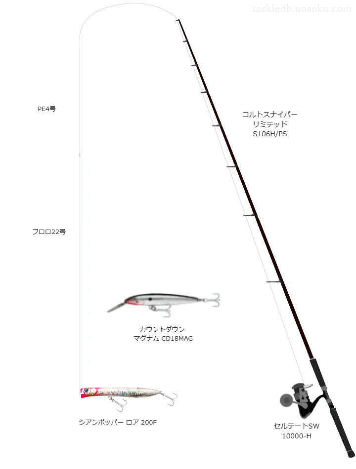 シアンポッパー ロア 200Fのためのロックショアタックル。シマノのロッドとダイワのリール