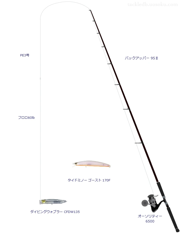 ダイビングウォブラー CFDW135のためのロックショアタックル。ジャンプライズのロッドとPENNのリール