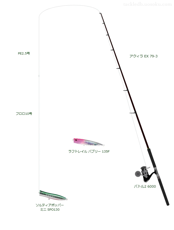 ソルティアポッパー ミニ SPO130のためのキャスティングタックル。リップルフィッシャーのロッドとPENNのリール