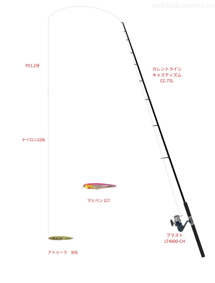 グラップラー 8 PE 1.2号とAPPLAUD nanodaX SHOCK LEADER 22lbを使用したキャスティングタックル【カレントライン キャスティズム CC-73L】