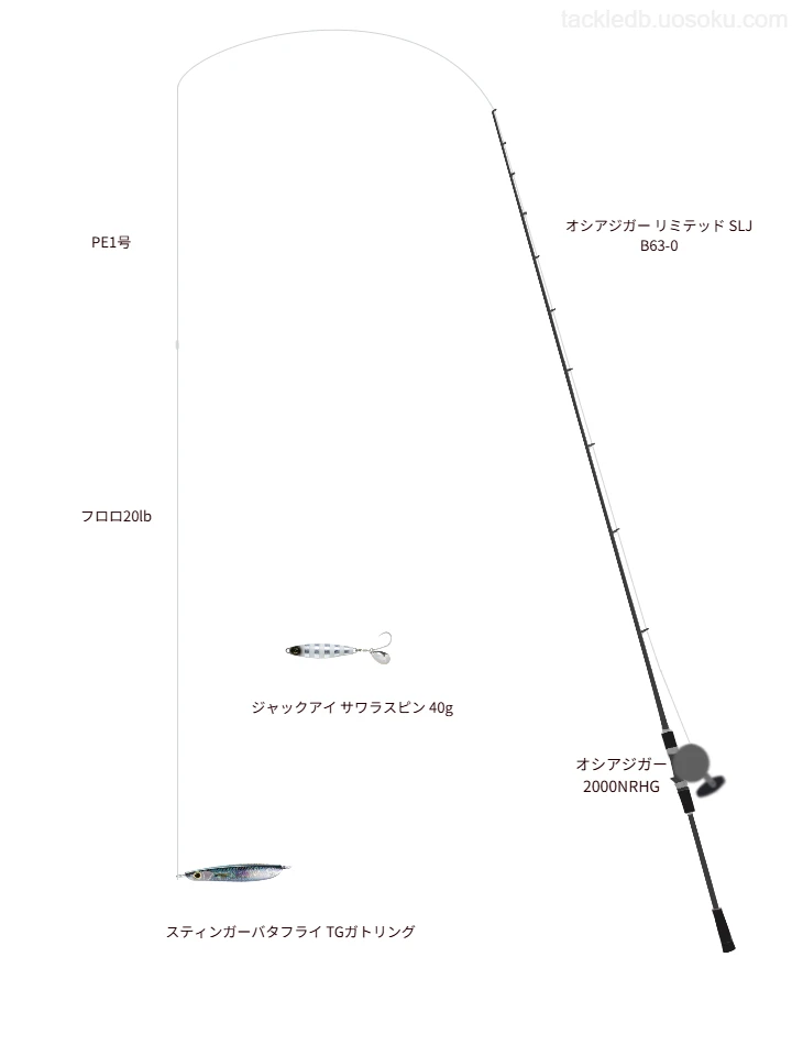 オシアジガー リミテッド SLJ B63-0とシマノのリールでスティンガーバタフライ TGガトリングを使用するタックル