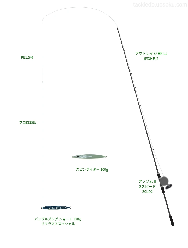 ウエイトが120.0g程度のルアーのためのジギングタックル【バンブルズジグ ショート 120g サクラマススペシャル】