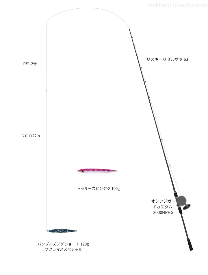 リスキーリゼルヴァ 63とシマノのリールでバンブルズジグ ショート 120g サクラマススペシャルを使用するタックル