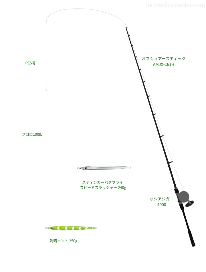 海晴ハント 250gのためのジギングタックル。スミスのロッドとシマノのリール