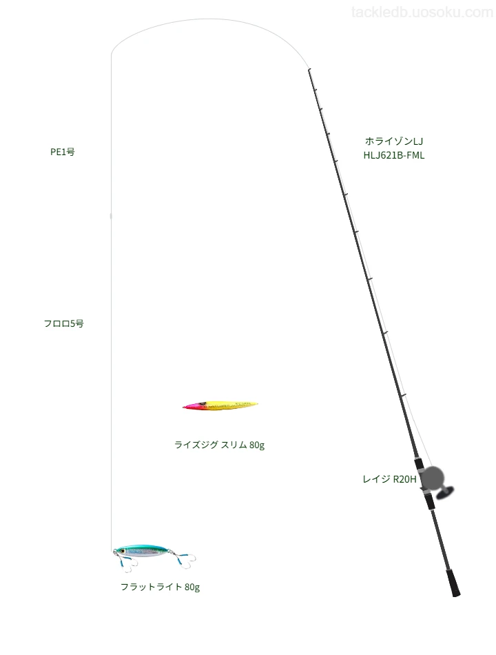 フラットライト 80gのためのジギングタックル。TENRYUのロッドとマクセルのリール