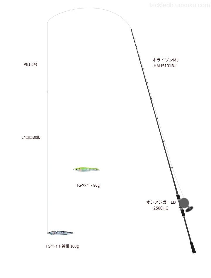 TGベイト神掛 100gのためのジギングタックル。TENRYUのロッドとシマノのリール